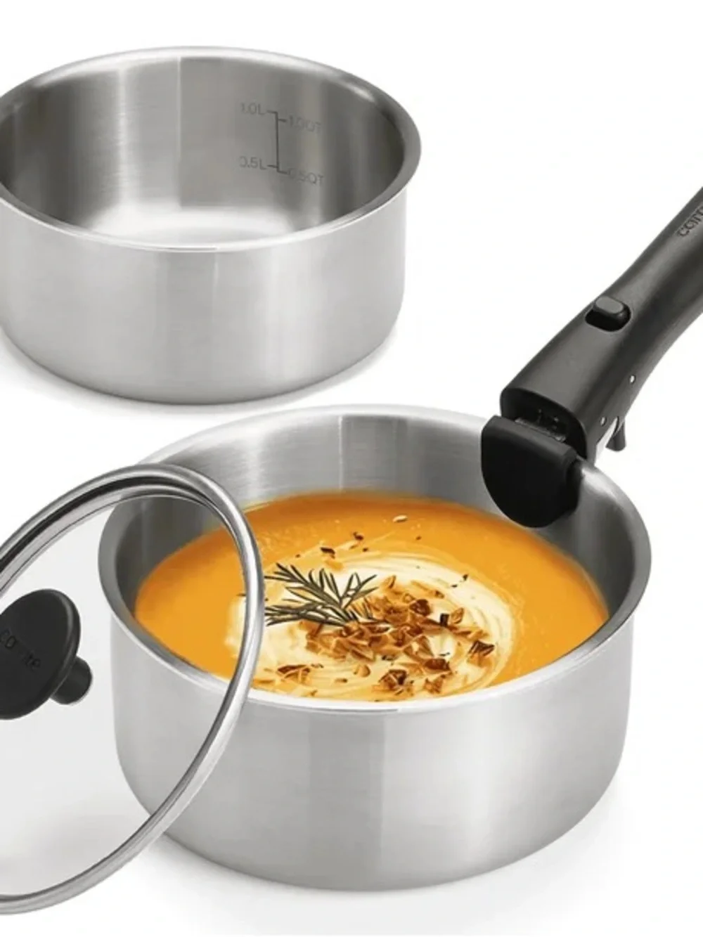 Stainless Steel Saucepan with Lid and Removable Handle - Silver